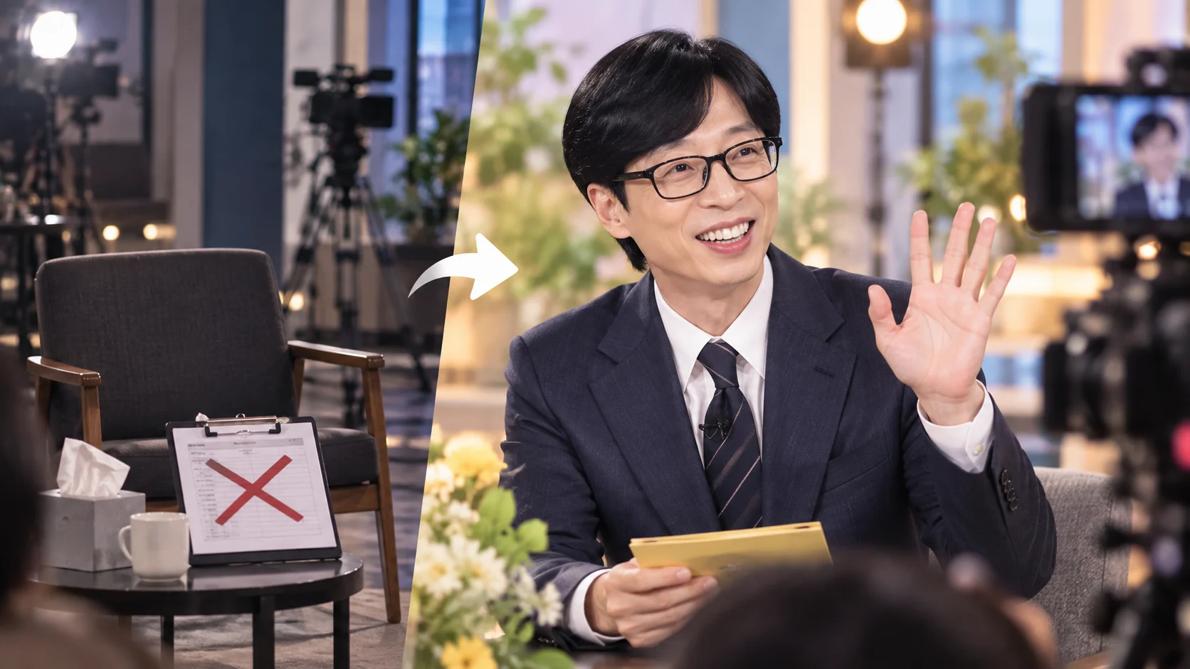 건강 문제로 녹화를 쉬었다가 다시 방송 촬영장에 복귀한 유명 MC를 표현한 AI 뉴스 일러스트